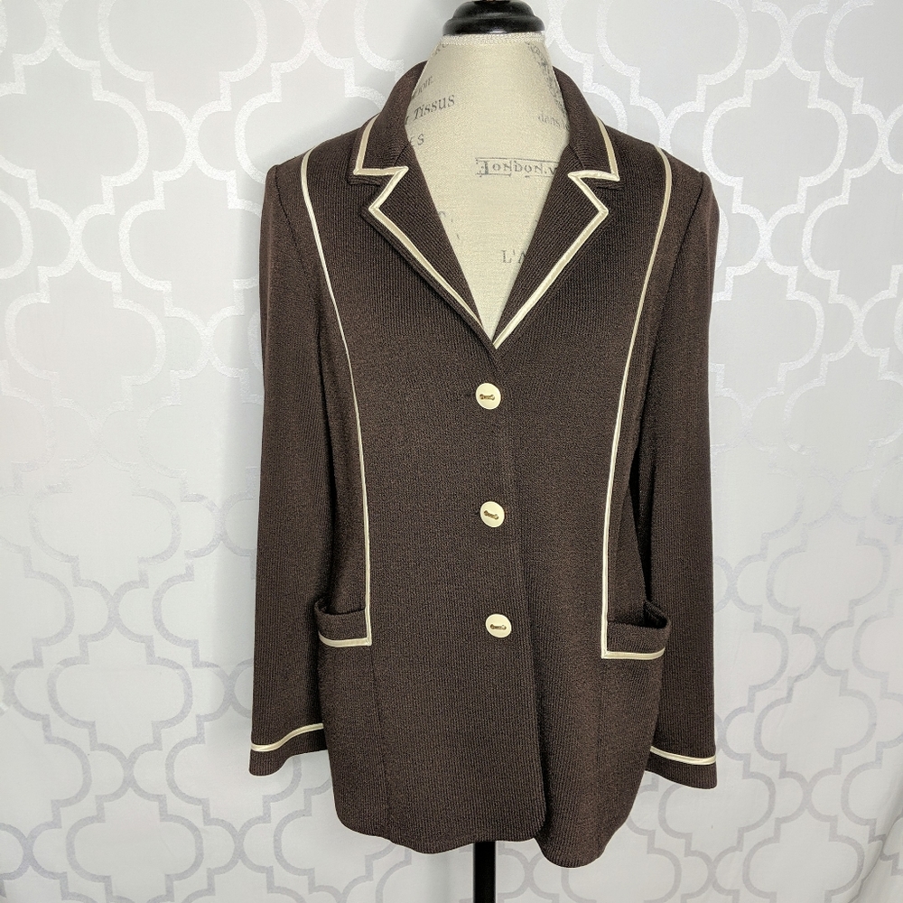 St. John Brown Knit Blazer with Cream Piping